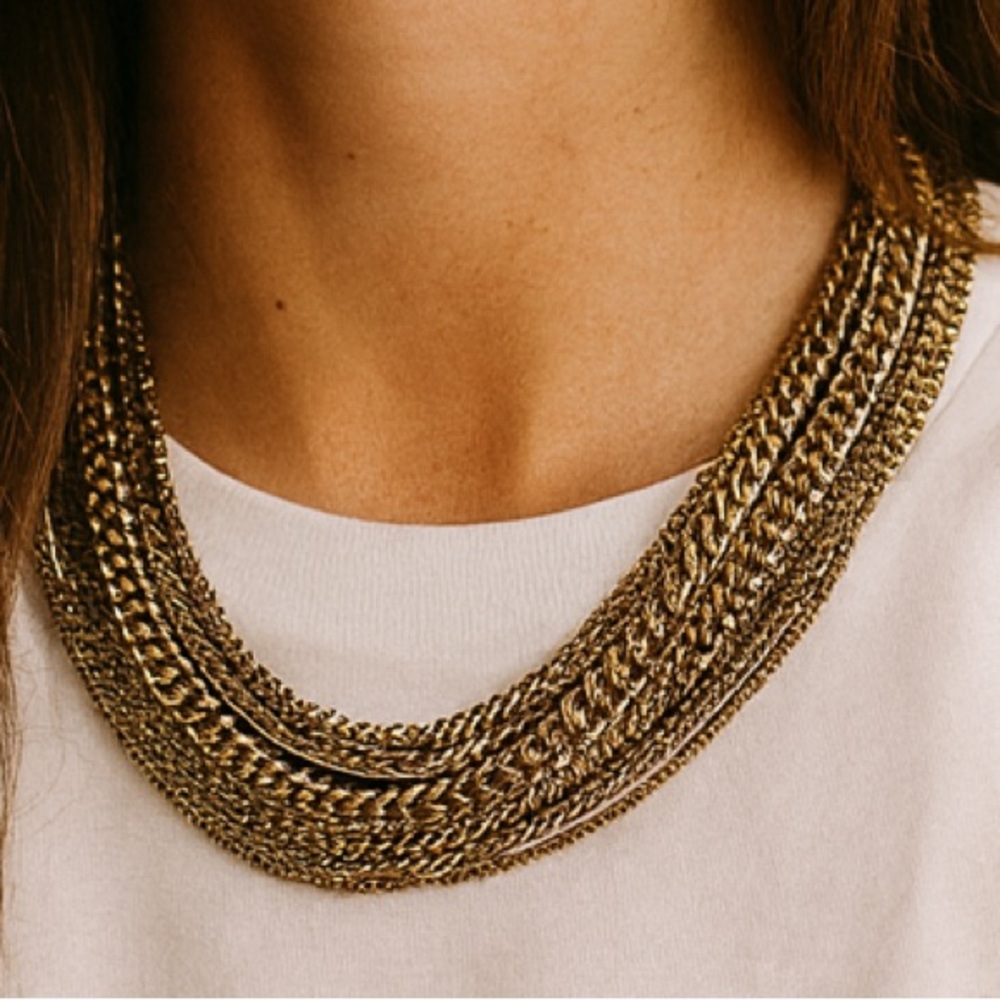 Elegant 9 Multi-Strand Gold Tone Collar Statement Boho Necklace